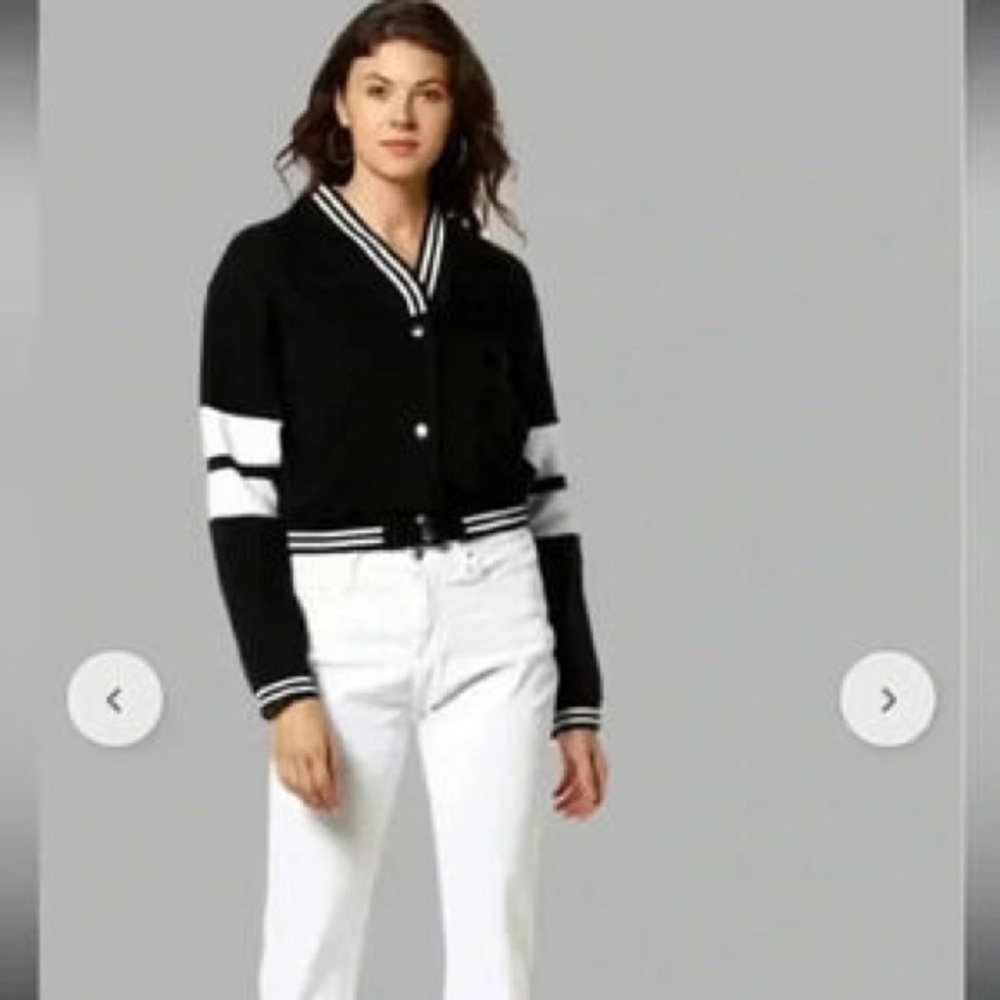 Black and White Striped Trim Cropped Jacket